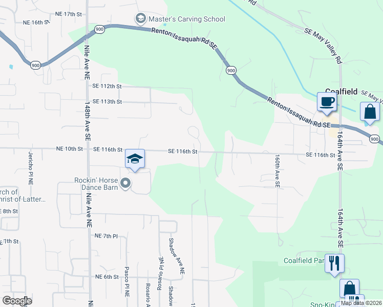 map of restaurants, bars, coffee shops, grocery stores, and more near 15407 Southeast 116th Street in Renton