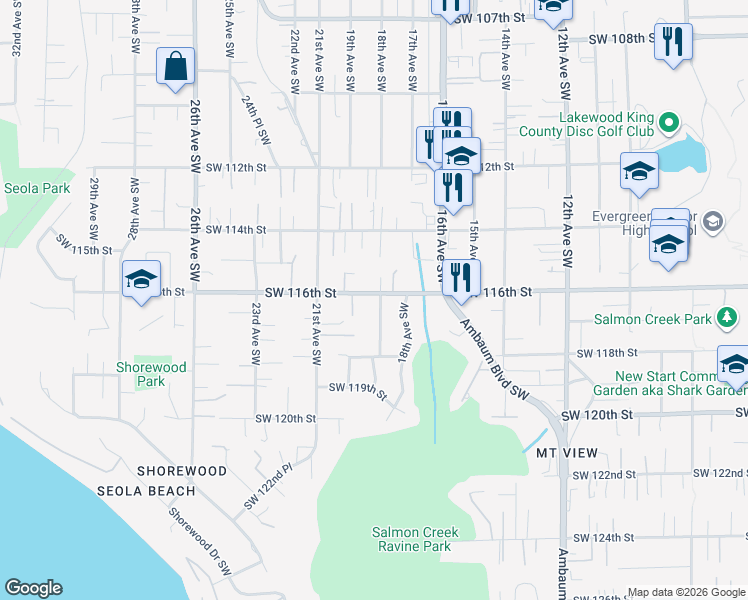 map of restaurants, bars, coffee shops, grocery stores, and more near 11605 19th Avenue Southwest in Burien
