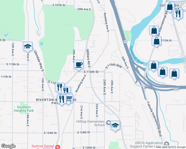 map of restaurants, bars, coffee shops, grocery stores, and more near 11600 Military Road South in Seattle