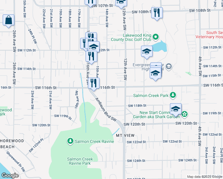 map of restaurants, bars, coffee shops, grocery stores, and more near 1315 Southwest 116th Street in Burien