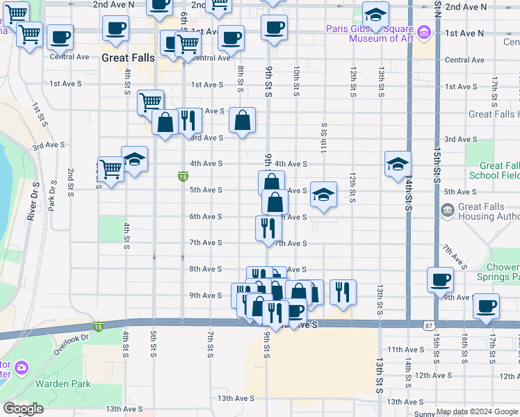 map of restaurants, bars, coffee shops, grocery stores, and more near 514 9th Street South in Great Falls