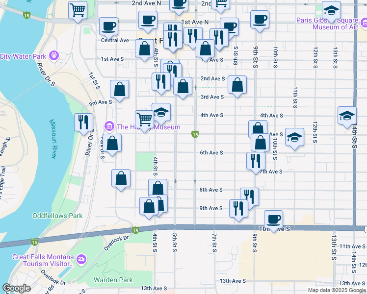 map of restaurants, bars, coffee shops, grocery stores, and more near 509 6th Avenue South in Great Falls