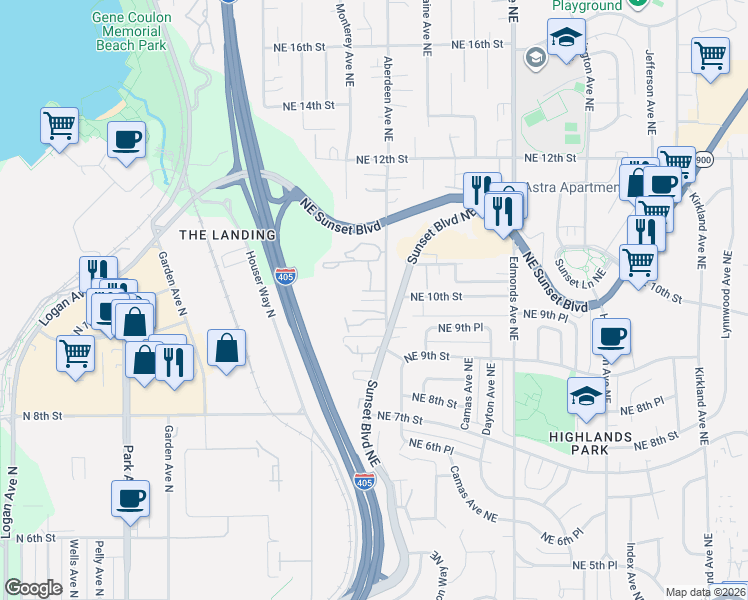 map of restaurants, bars, coffee shops, grocery stores, and more near 965 Aberdeen Avenue Northeast in Renton