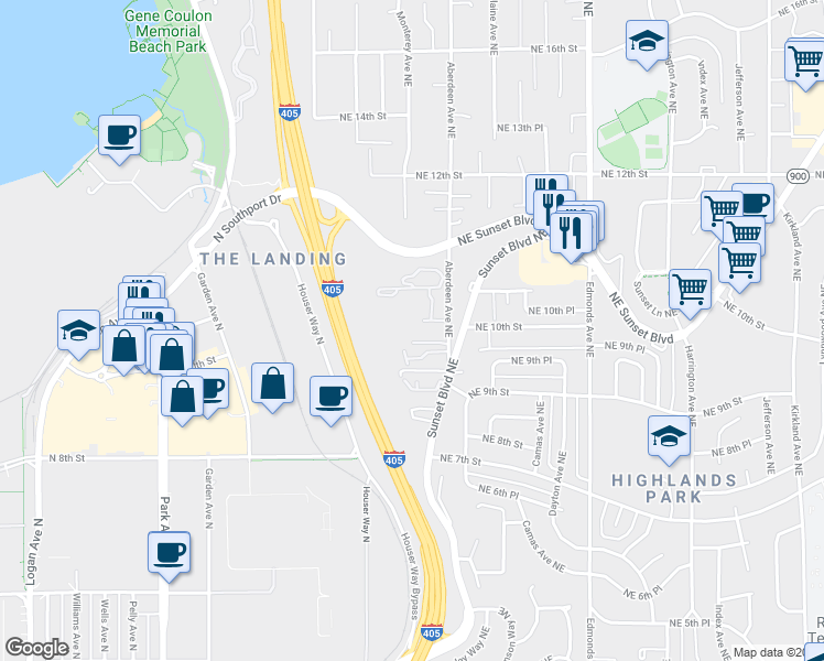 map of restaurants, bars, coffee shops, grocery stores, and more near 2019 Northeast 9th Court in Renton
