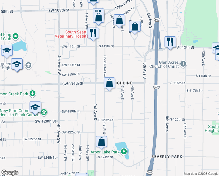 map of restaurants, bars, coffee shops, grocery stores, and more near 12225 2nd Avenue Southwest in Seattle