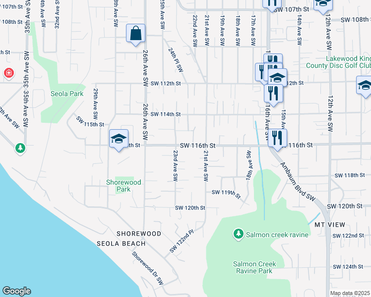 map of restaurants, bars, coffee shops, grocery stores, and more near 2145 SW 116th St in Burien