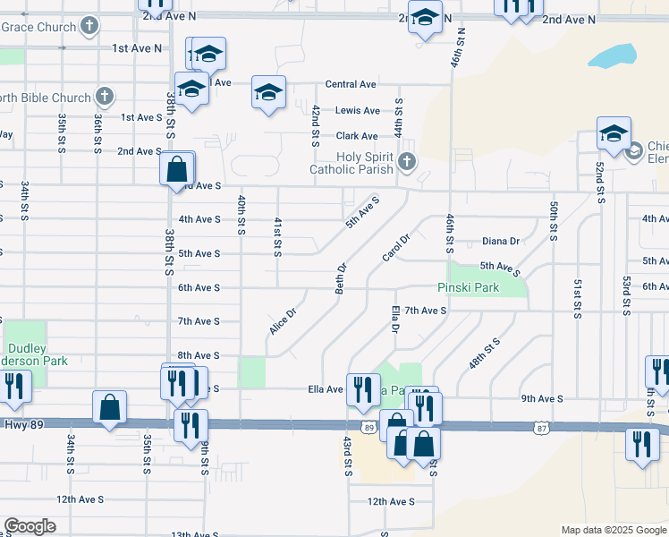 map of restaurants, bars, coffee shops, grocery stores, and more near 376 Beth Drive in Great Falls