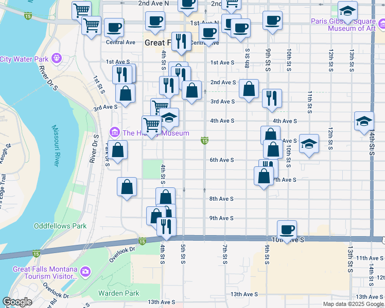 map of restaurants, bars, coffee shops, grocery stores, and more near 509 6th Ave S in Great Falls