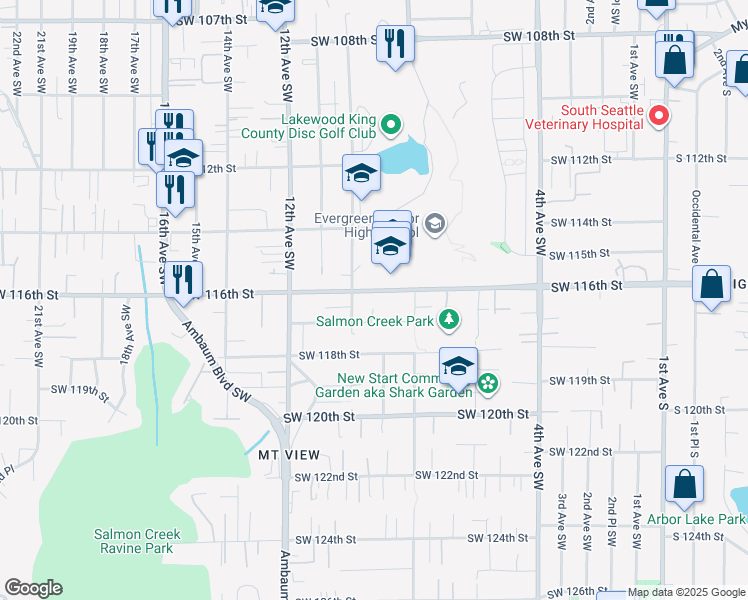 map of restaurants, bars, coffee shops, grocery stores, and more near 843 Southwest 116th Street in Seattle