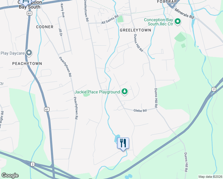 map of restaurants, bars, coffee shops, grocery stores, and more near 129 Greeleytown Road in Conception Bay South