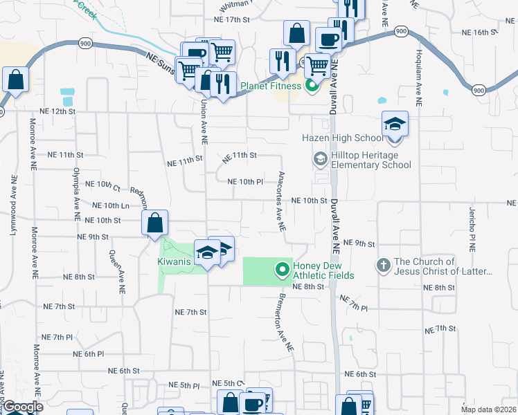 map of restaurants, bars, coffee shops, grocery stores, and more near 967 Anacortes Court Northeast in Renton