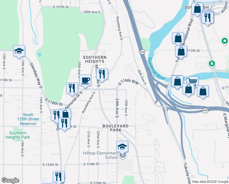 map of restaurants, bars, coffee shops, grocery stores, and more near 2251 South 116th Street in Seattle