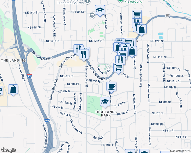 map of restaurants, bars, coffee shops, grocery stores, and more near 2624 Northeast 9th Place in Renton