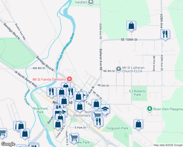 map of restaurants, bars, coffee shops, grocery stores, and more near 104 West 6th Street in North Bend