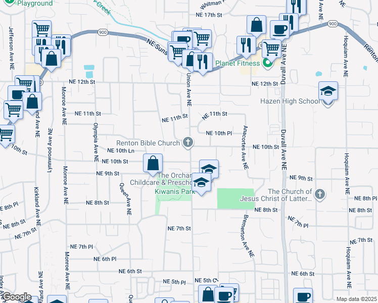 map of restaurants, bars, coffee shops, grocery stores, and more near 937 Union Avenue Northeast in Renton