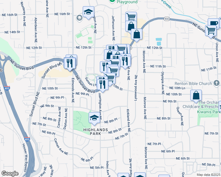 map of restaurants, bars, coffee shops, grocery stores, and more near 2725 Northeast Sunset Boulevard in Renton