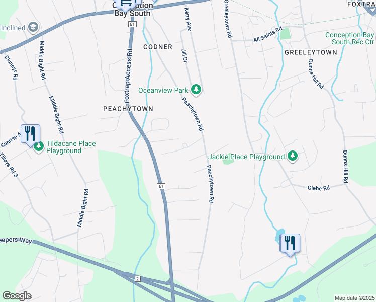 map of restaurants, bars, coffee shops, grocery stores, and more near 7 Parsons Place in Conception Bay South