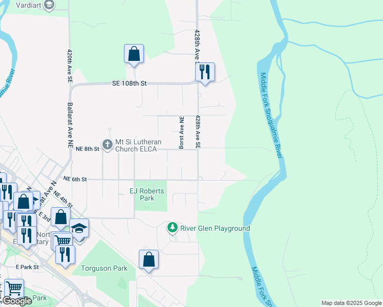 map of restaurants, bars, coffee shops, grocery stores, and more near 917 Northeast 8th Street in North Bend
