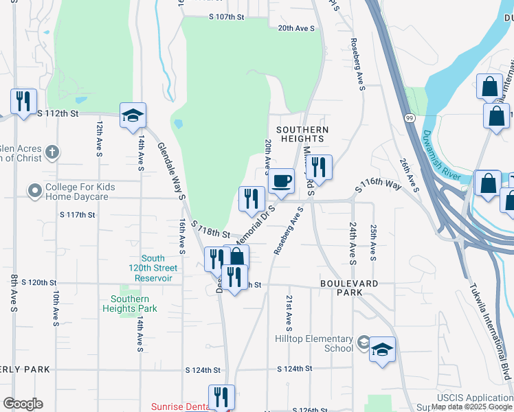 map of restaurants, bars, coffee shops, grocery stores, and more near 1835 South 116th Street in Seattle
