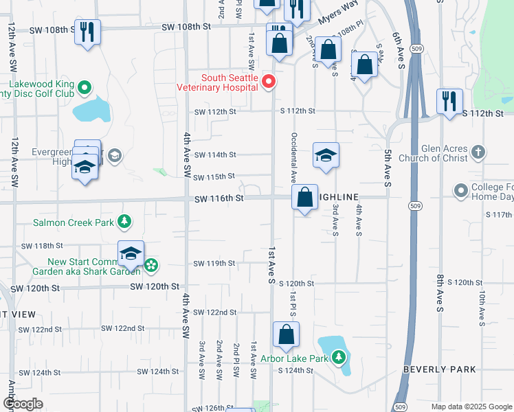 map of restaurants, bars, coffee shops, grocery stores, and more near 11623 1st Avenue South in Seattle