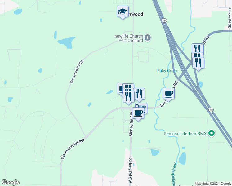 map of restaurants, bars, coffee shops, grocery stores, and more near 457 Mansfield Court Southwest in Port Orchard