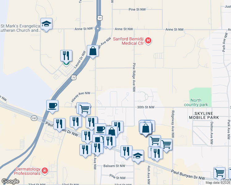 map of restaurants, bars, coffee shops, grocery stores, and more near 1615 30th Street Northwest in Bemidji