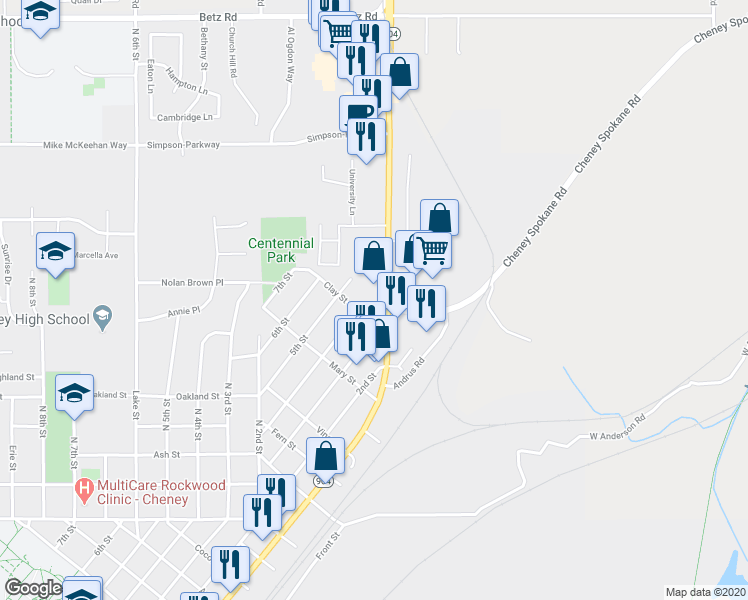map of restaurants, bars, coffee shops, grocery stores, and more near 1930 4th Street in Cheney