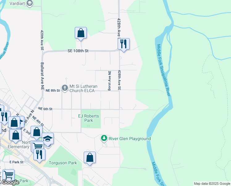 map of restaurants, bars, coffee shops, grocery stores, and more near 917 Northeast 8th Street in North Bend