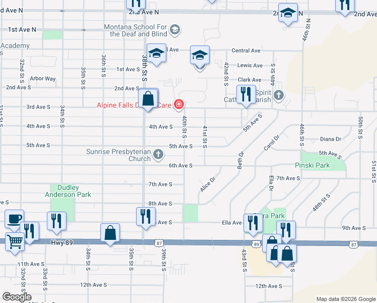 map of restaurants, bars, coffee shops, grocery stores, and more near 500 40th Street South in Great Falls