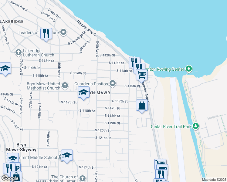 map of restaurants, bars, coffee shops, grocery stores, and more near 8508 South 116th Street in Seattle
