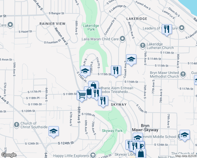 map of restaurants, bars, coffee shops, grocery stores, and more near 7030 South 116th Street in Seattle