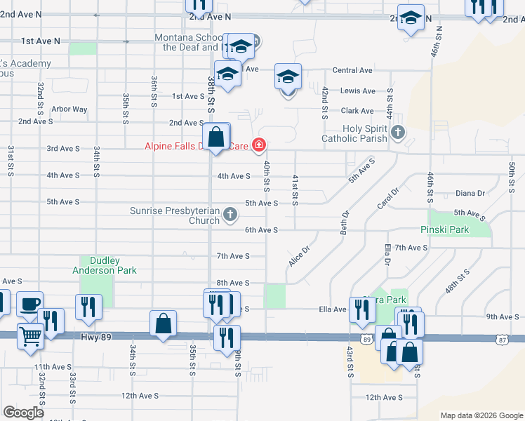 map of restaurants, bars, coffee shops, grocery stores, and more near 500 40th Street South in Great Falls
