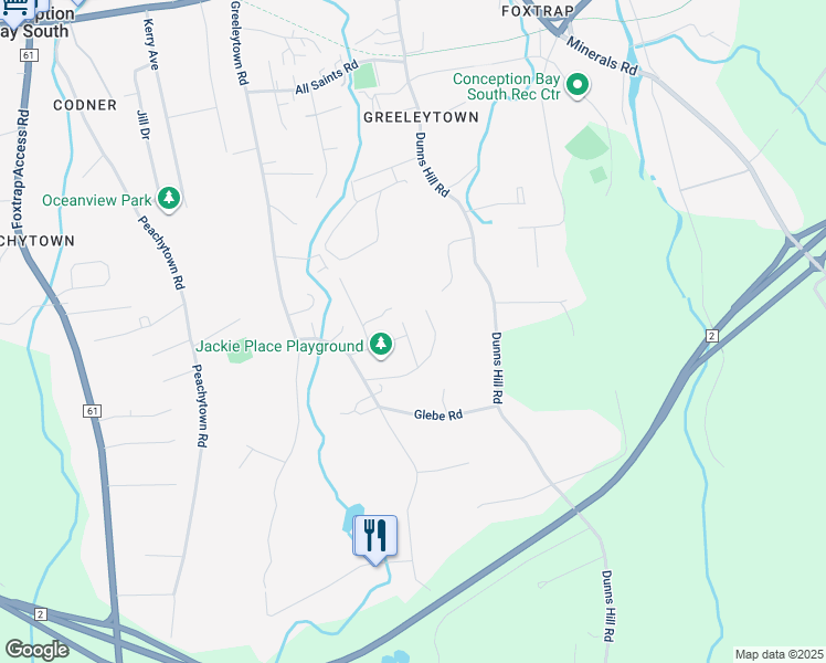 map of restaurants, bars, coffee shops, grocery stores, and more near 30 Jackie Place in Conception Bay South