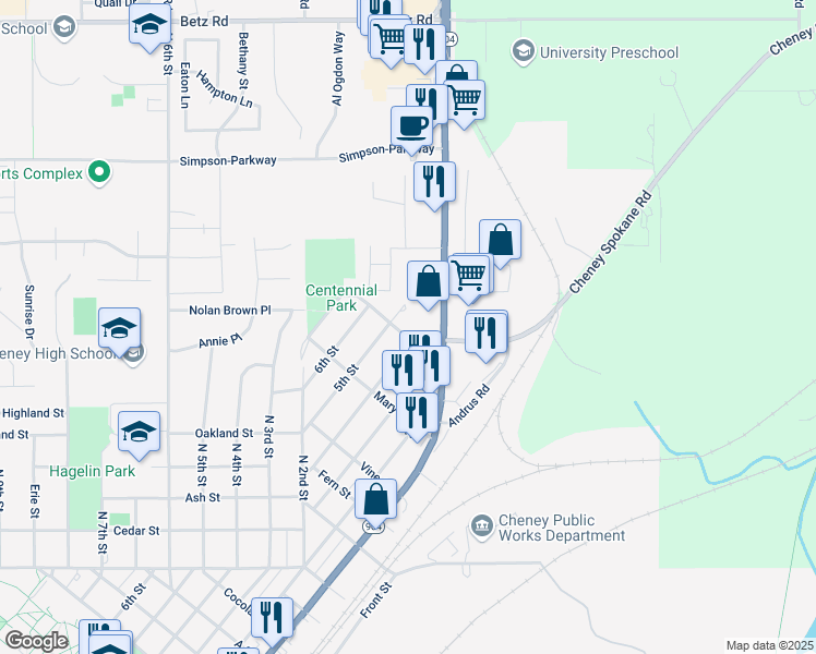 map of restaurants, bars, coffee shops, grocery stores, and more near 1930 4th Street in Cheney