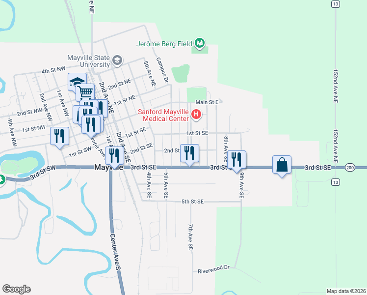 map of restaurants, bars, coffee shops, grocery stores, and more near 500-516 2nd Street Southeast in Mayville