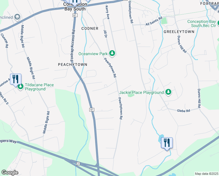 map of restaurants, bars, coffee shops, grocery stores, and more near 11 Parsons Place in Conception Bay South