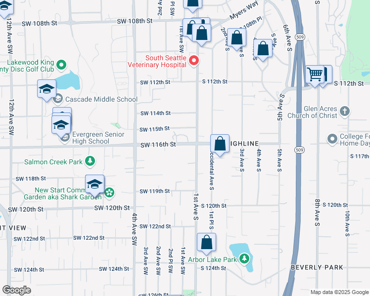 map of restaurants, bars, coffee shops, grocery stores, and more near 135 Southwest 116th Street in Seattle