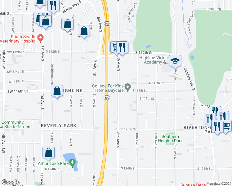 map of restaurants, bars, coffee shops, grocery stores, and more near 11603 8th Avenue South in Seattle