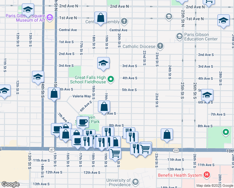 map of restaurants, bars, coffee shops, grocery stores, and more near 508 20th Street South in Great Falls