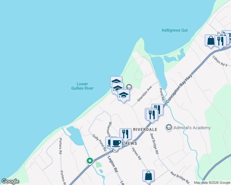 map of restaurants, bars, coffee shops, grocery stores, and more near Longshore Rd in Conception Bay South