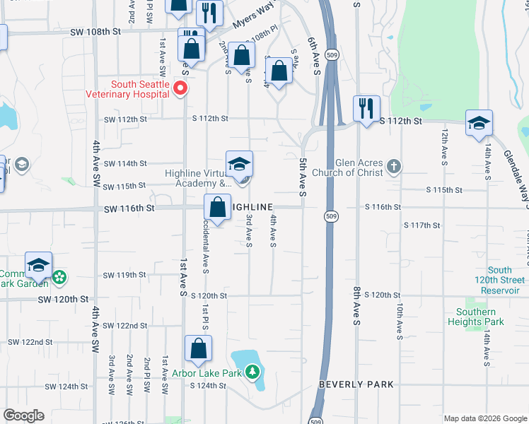 map of restaurants, bars, coffee shops, grocery stores, and more near 317 South 116th Street in Seattle