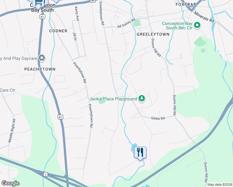 map of restaurants, bars, coffee shops, grocery stores, and more near 134 Greeleytown Road in Conception Bay South