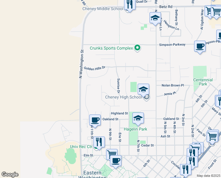 map of restaurants, bars, coffee shops, grocery stores, and more near 708 Montague Drive in Cheney