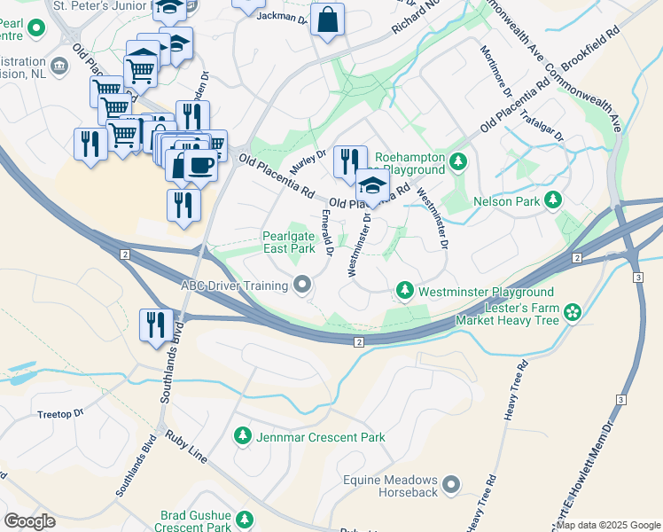 map of restaurants, bars, coffee shops, grocery stores, and more near 17 Emerald Drive in Mount Pearl