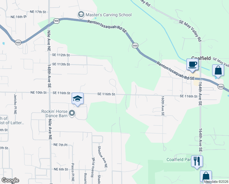 map of restaurants, bars, coffee shops, grocery stores, and more near 15407 Southeast 116th Street in Renton