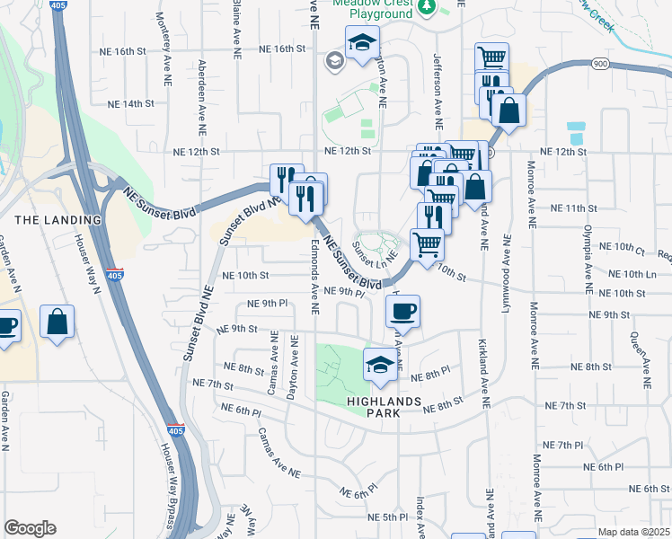 map of restaurants, bars, coffee shops, grocery stores, and more near 2624 Northeast 9th Place in Renton