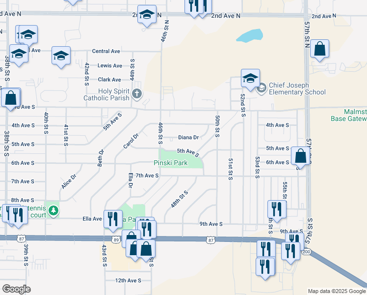 map of restaurants, bars, coffee shops, grocery stores, and more near 4620 5th Avenue South in Great Falls