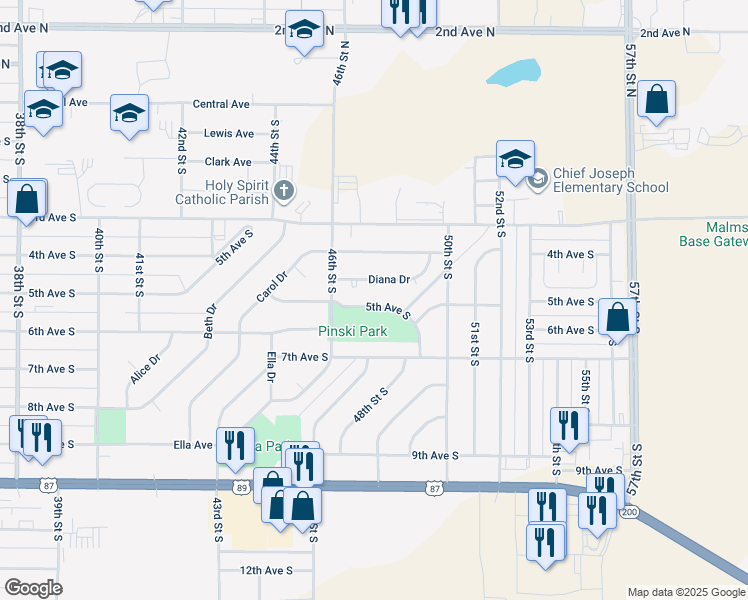 map of restaurants, bars, coffee shops, grocery stores, and more near 4620 5th Avenue South in Great Falls
