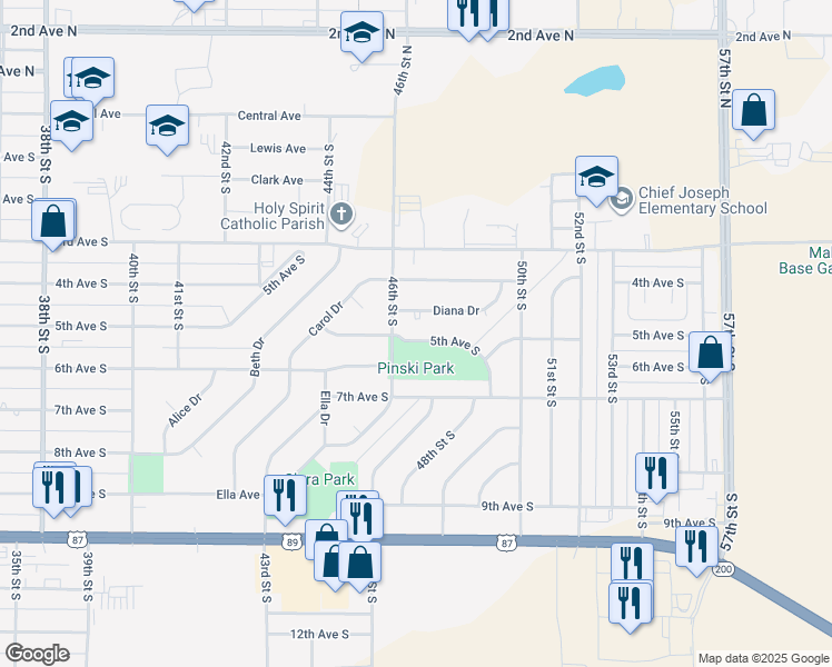 map of restaurants, bars, coffee shops, grocery stores, and more near 502 46th Street South in Great Falls
