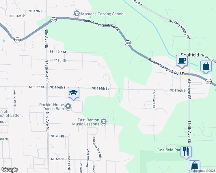 map of restaurants, bars, coffee shops, grocery stores, and more near 15407 Southeast 116th Street in Renton